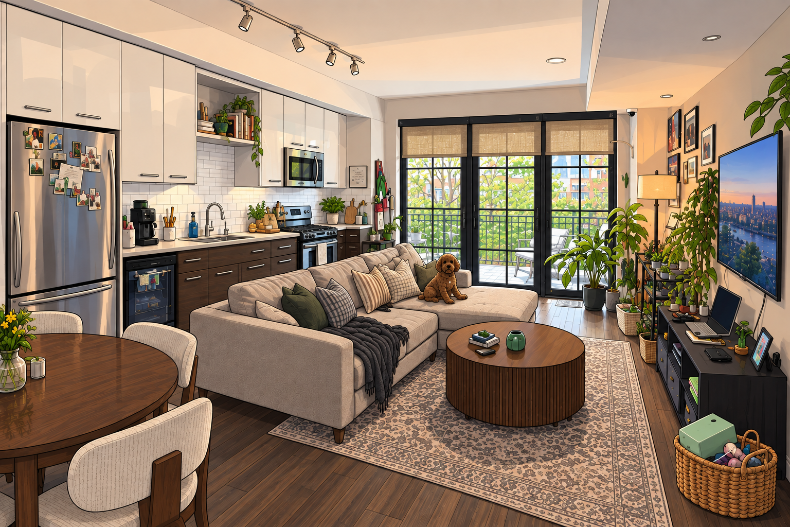 Illustrated open-plan living room and kitchen
